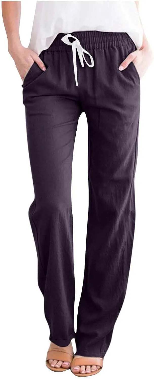 BZGTZT Women High Waist Linen Pants Straight Leg Casual Loose Summer Beach Lightweight Drawstring Cotton Linen Pant Trousers