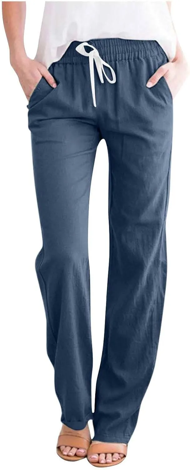 BZGTZT Women High Waist Linen Pants Straight Leg Casual Loose Summer Beach Lightweight Drawstring Cotton Linen Pant Trousers
