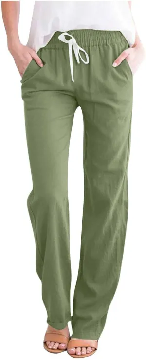 BZGTZT Women High Waist Linen Pants Straight Leg Casual Loose Summer Beach Lightweight Drawstring Cotton Linen Pant Trousers