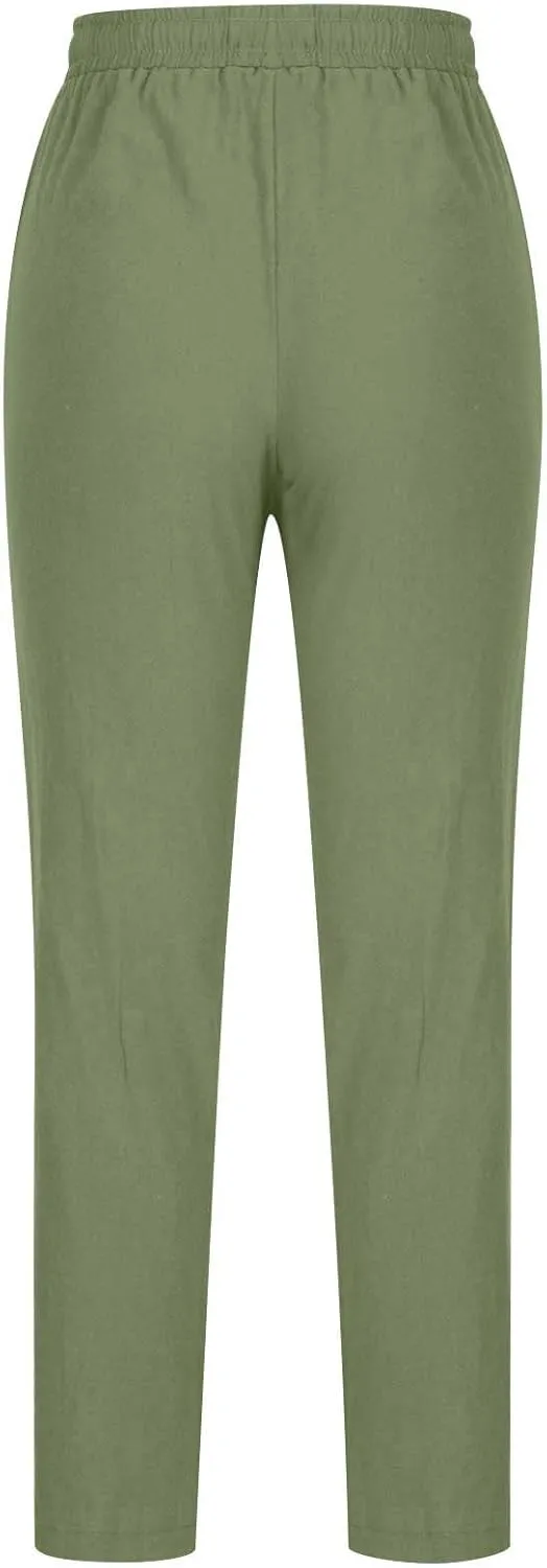 BZGTZT Women High Waist Linen Pants Straight Leg Casual Loose Summer Beach Lightweight Drawstring Cotton Linen Pant Trousers