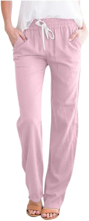 BZGTZT Women High Waist Linen Pants Straight Leg Casual Loose Summer Beach Lightweight Drawstring Cotton Linen Pant Trousers