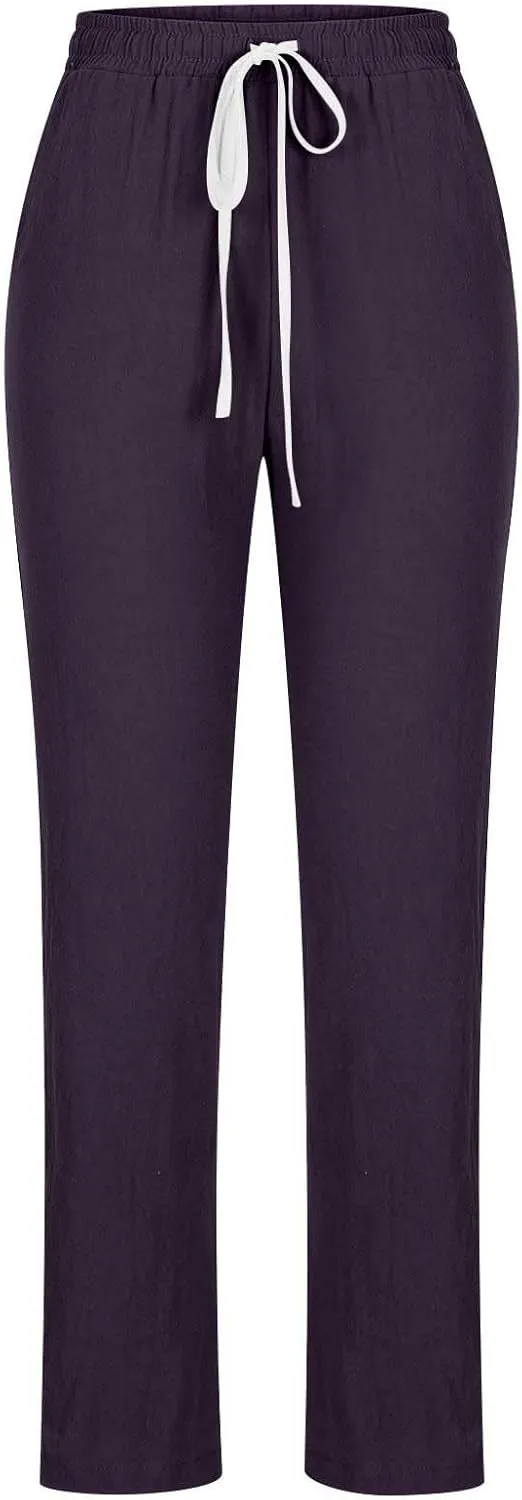 BZGTZT Women High Waist Linen Pants Straight Leg Casual Loose Summer Beach Lightweight Drawstring Cotton Linen Pant Trousers