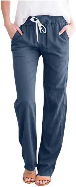 BZGTZT Women High Waist Linen Pants Straight Leg Casual Loose Summer Beach Lightweight Drawstring Cotton Linen Pant Trousers