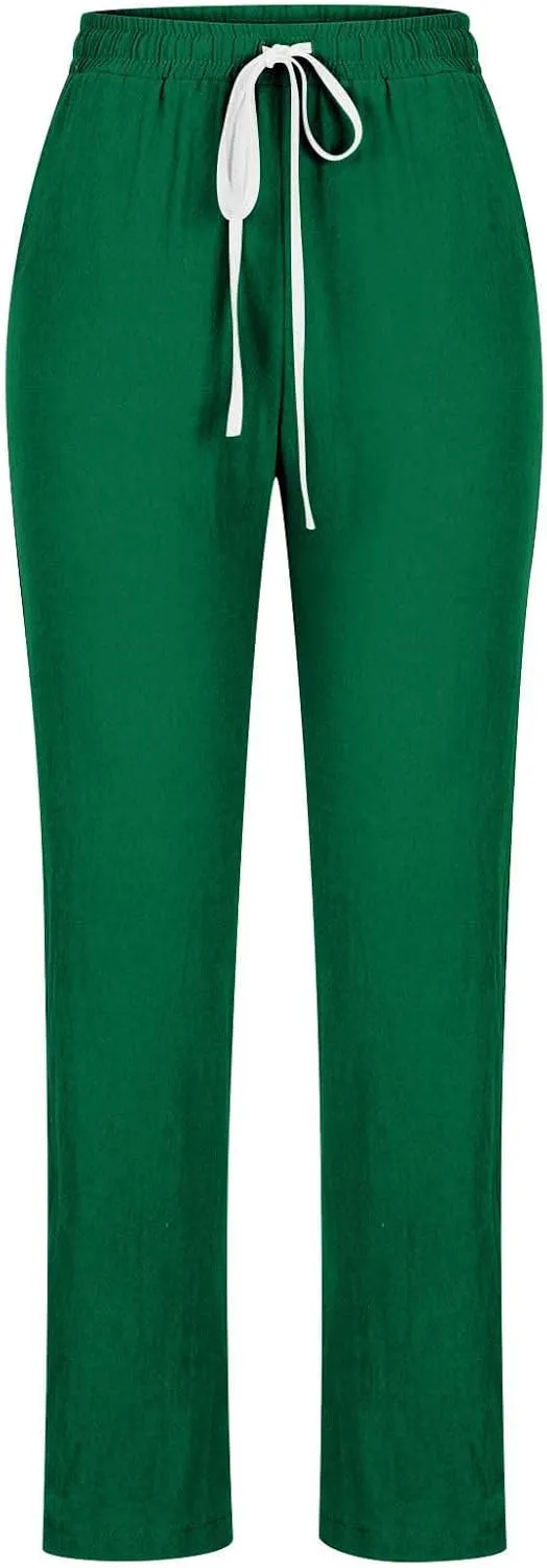 BZGTZT Women High Waist Linen Pants Straight Leg Casual Loose Summer Beach Lightweight Drawstring Cotton Linen Pant Trousers