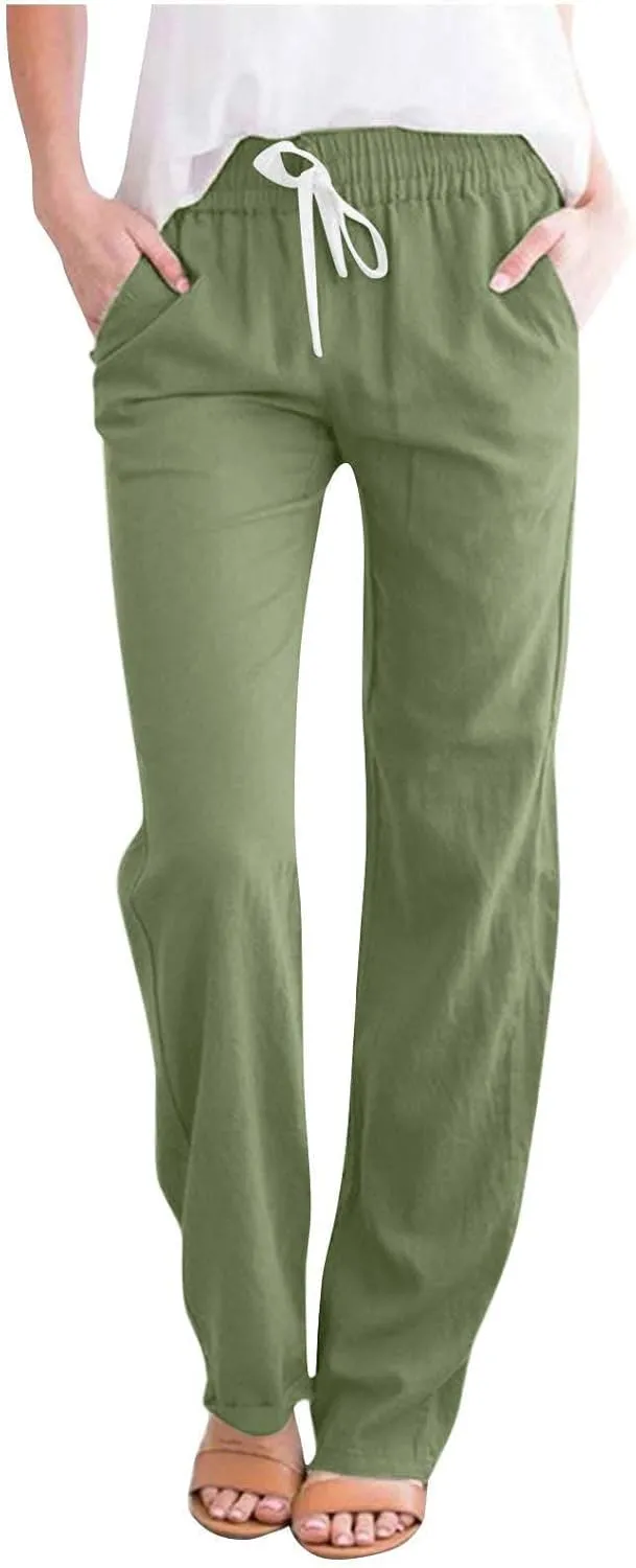 BZGTZT Women High Waist Linen Pants Straight Leg Casual Loose Summer Beach Lightweight Drawstring Cotton Linen Pant Trousers