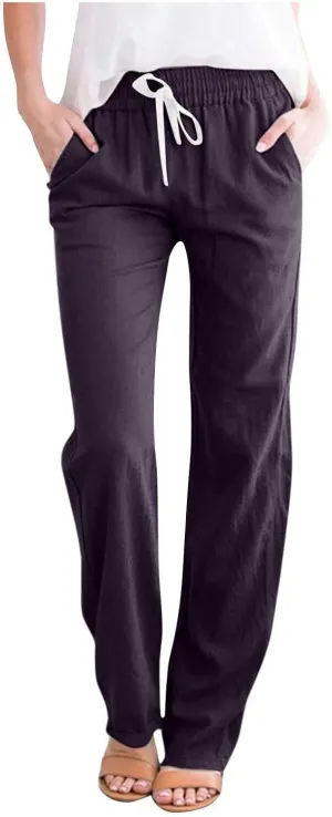 BZGTZT Women High Waist Linen Pants Straight Leg Casual Loose Summer Beach Lightweight Drawstring Cotton Linen Pant Trousers