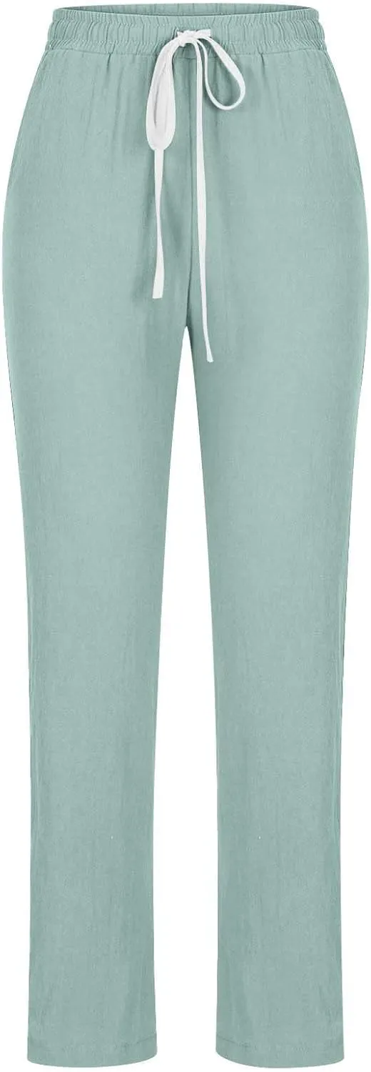 BZGTZT Women High Waist Linen Pants Straight Leg Casual Loose Summer Beach Lightweight Drawstring Cotton Linen Pant Trousers