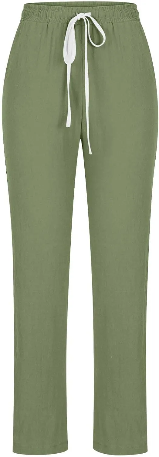 BZGTZT Women High Waist Linen Pants Straight Leg Casual Loose Summer Beach Lightweight Drawstring Cotton Linen Pant Trousers
