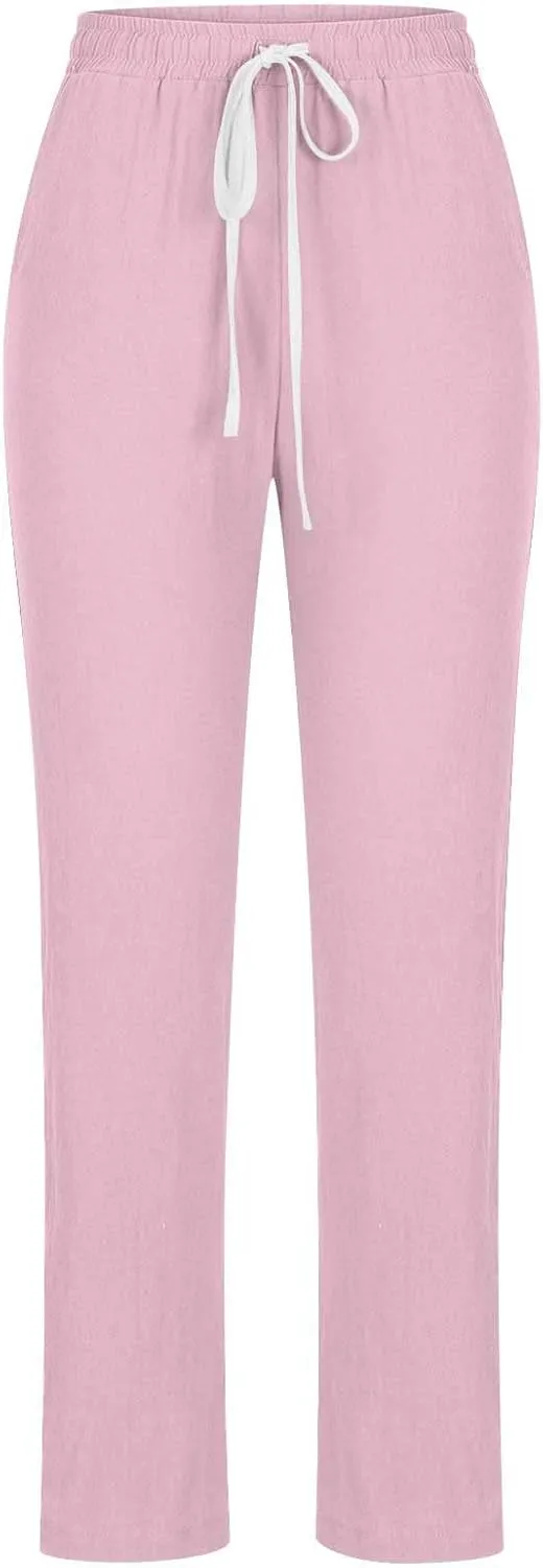 BZGTZT Women High Waist Linen Pants Straight Leg Casual Loose Summer Beach Lightweight Drawstring Cotton Linen Pant Trousers