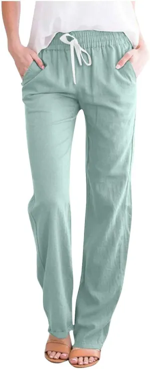 BZGTZT Women High Waist Linen Pants Straight Leg Casual Loose Summer Beach Lightweight Drawstring Cotton Linen Pant Trousers