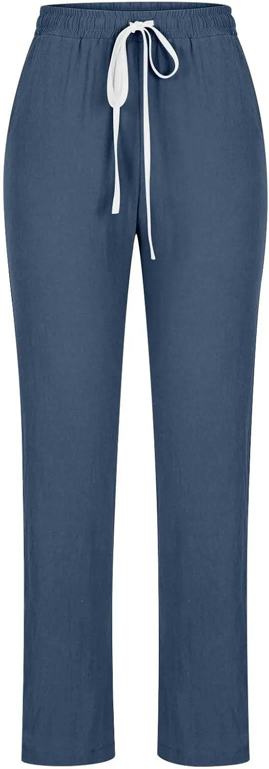 BZGTZT Women High Waist Linen Pants Straight Leg Casual Loose Summer Beach Lightweight Drawstring Cotton Linen Pant Trousers
