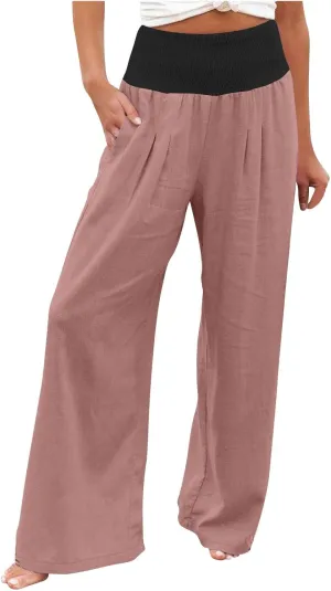 BZGTZT Women's Cotton Linen Pants Summer Wide Leg Pants Casual Loose Elastic High Waist Palazzo Pants Trousers with Pockets