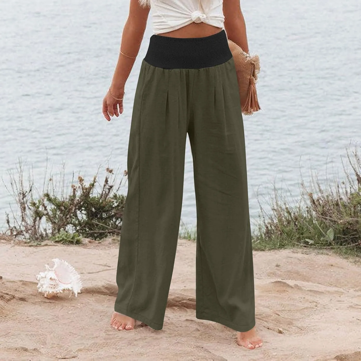 BZGTZT Women's Cotton Linen Pants Summer Wide Leg Pants Casual Loose Elastic High Waist Palazzo Pants Trousers with Pockets