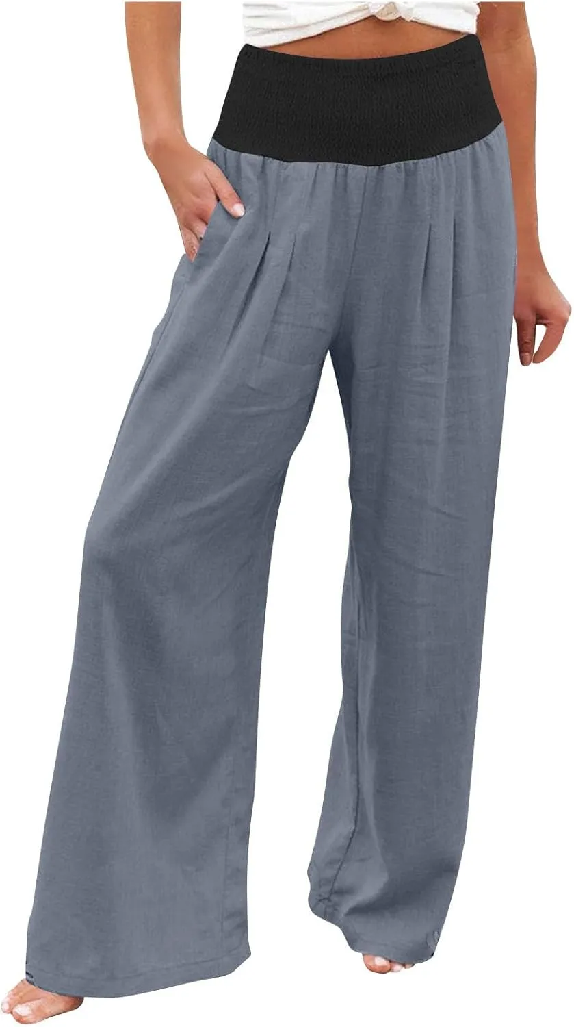 BZGTZT Women's Cotton Linen Pants Summer Wide Leg Pants Casual Loose Elastic High Waist Palazzo Pants Trousers with Pockets
