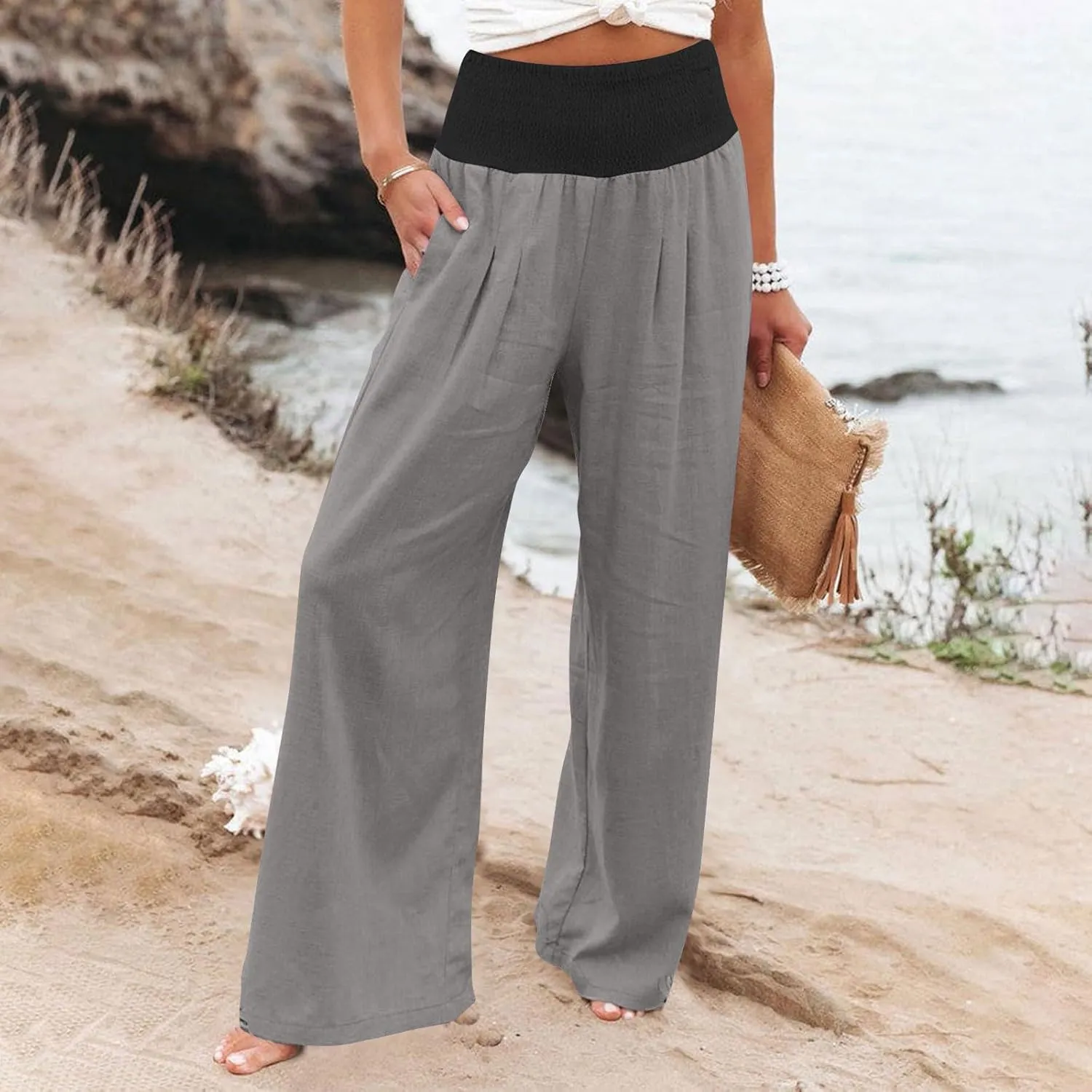 BZGTZT Women's Cotton Linen Pants Summer Wide Leg Pants Casual Loose Elastic High Waist Palazzo Pants Trousers with Pockets