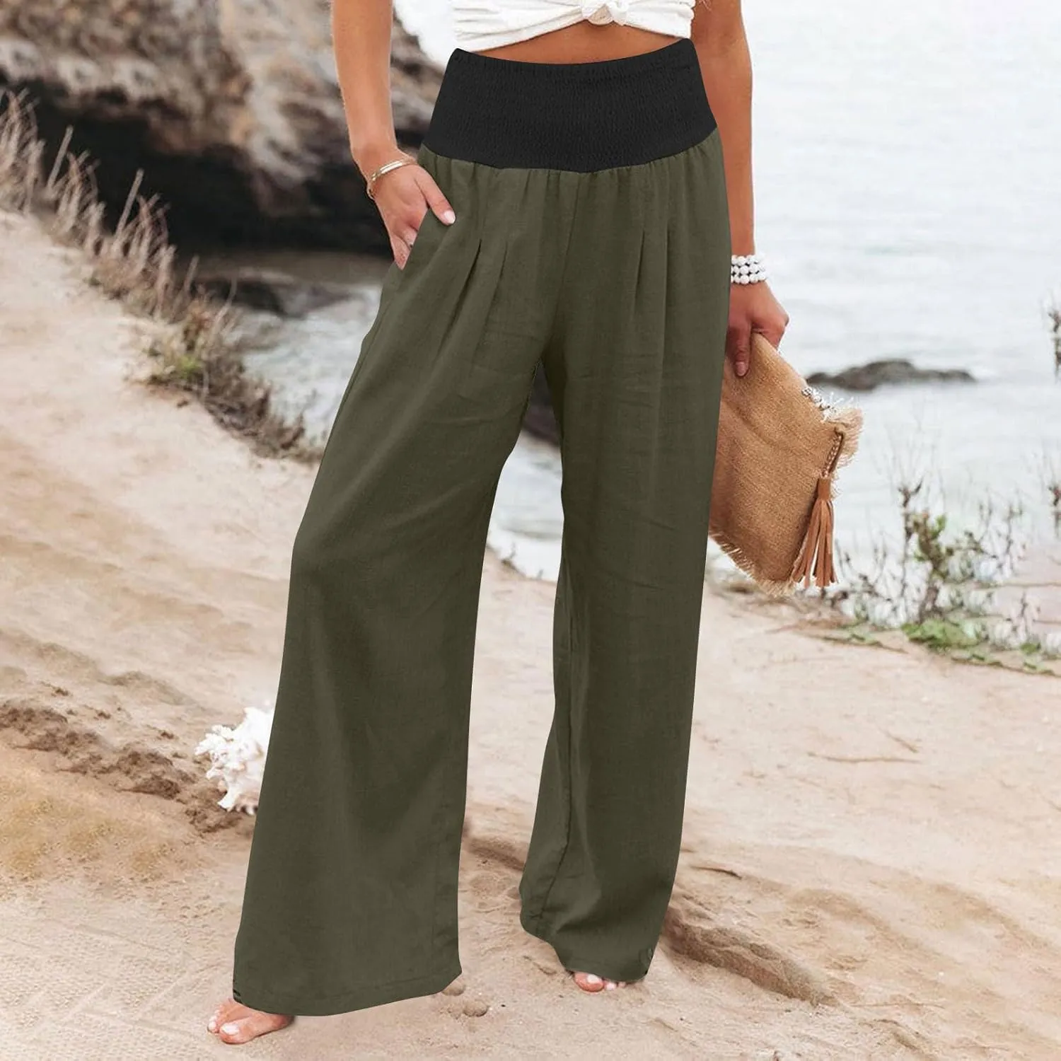 BZGTZT Women's Cotton Linen Pants Summer Wide Leg Pants Casual Loose Elastic High Waist Palazzo Pants Trousers with Pockets