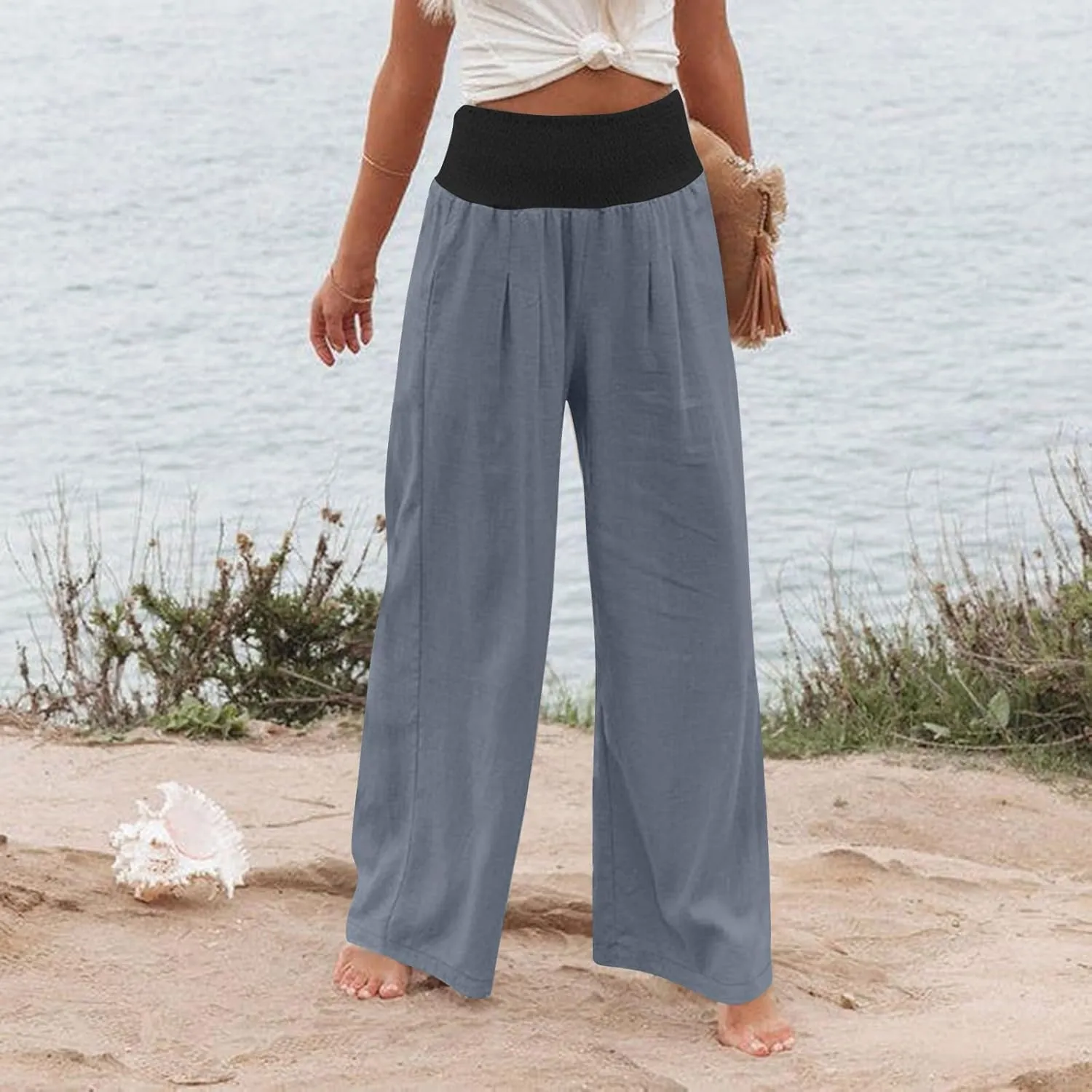 BZGTZT Women's Cotton Linen Pants Summer Wide Leg Pants Casual Loose Elastic High Waist Palazzo Pants Trousers with Pockets
