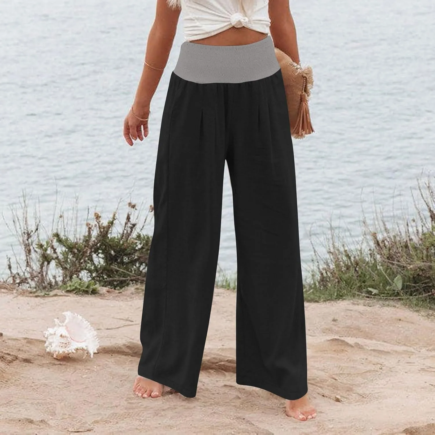 BZGTZT Women's Cotton Linen Pants Summer Wide Leg Pants Casual Loose Elastic High Waist Palazzo Pants Trousers with Pockets