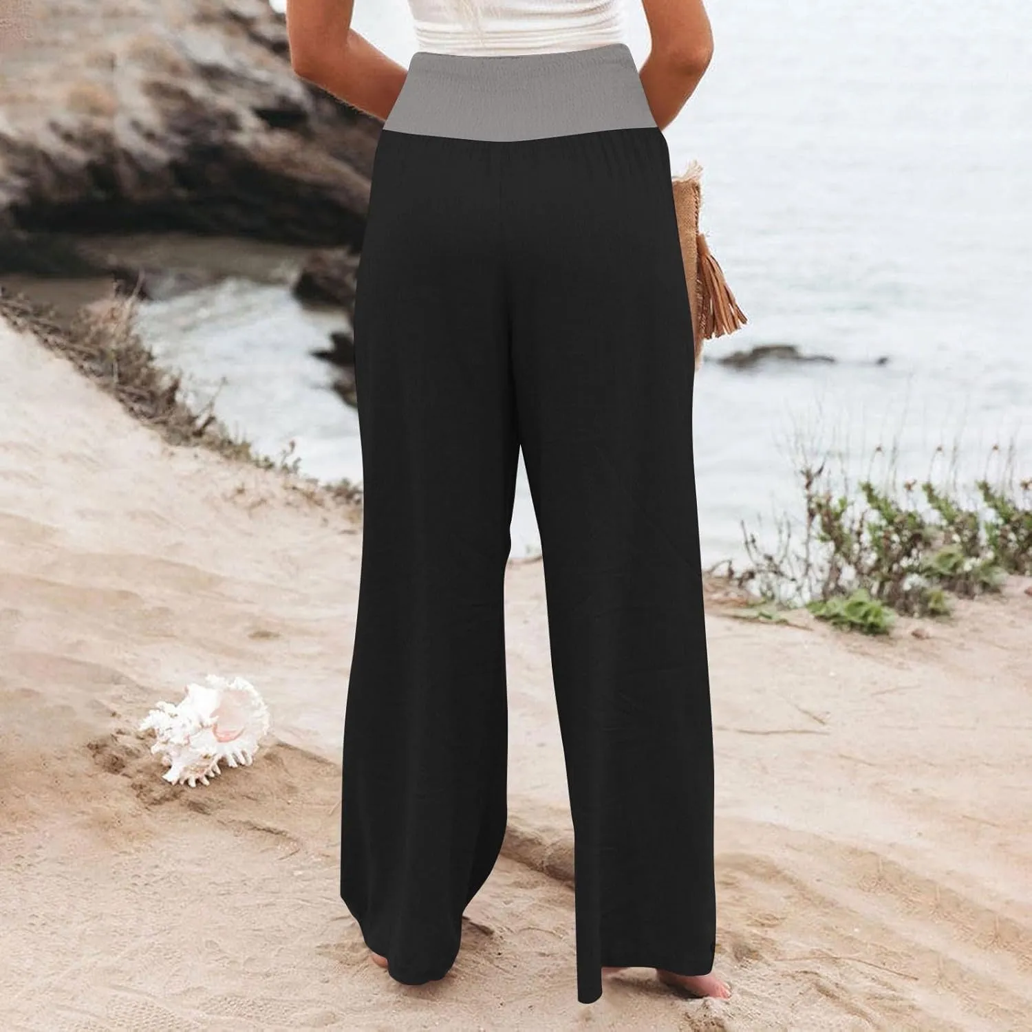 BZGTZT Women's Cotton Linen Pants Summer Wide Leg Pants Casual Loose Elastic High Waist Palazzo Pants Trousers with Pockets