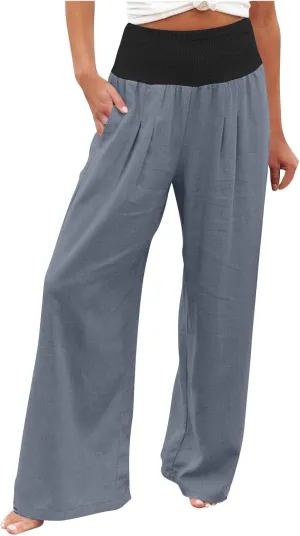 BZGTZT Women's Cotton Linen Pants Summer Wide Leg Pants Casual Loose Elastic High Waist Palazzo Pants Trousers with Pockets
