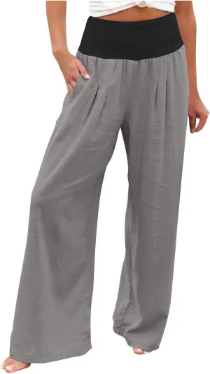 BZGTZT Women's Cotton Linen Pants Summer Wide Leg Pants Casual Loose Elastic High Waist Palazzo Pants Trousers with Pockets