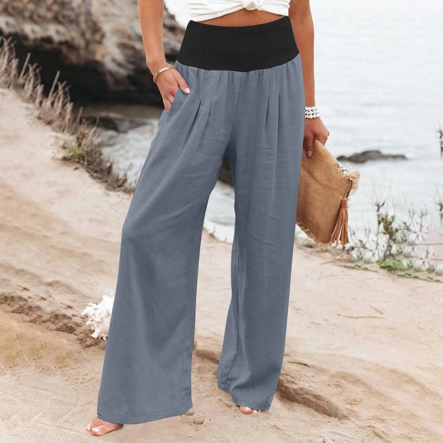 BZGTZT Women's Cotton Linen Pants Summer Wide Leg Pants Casual Loose Elastic High Waist Palazzo Pants Trousers with Pockets