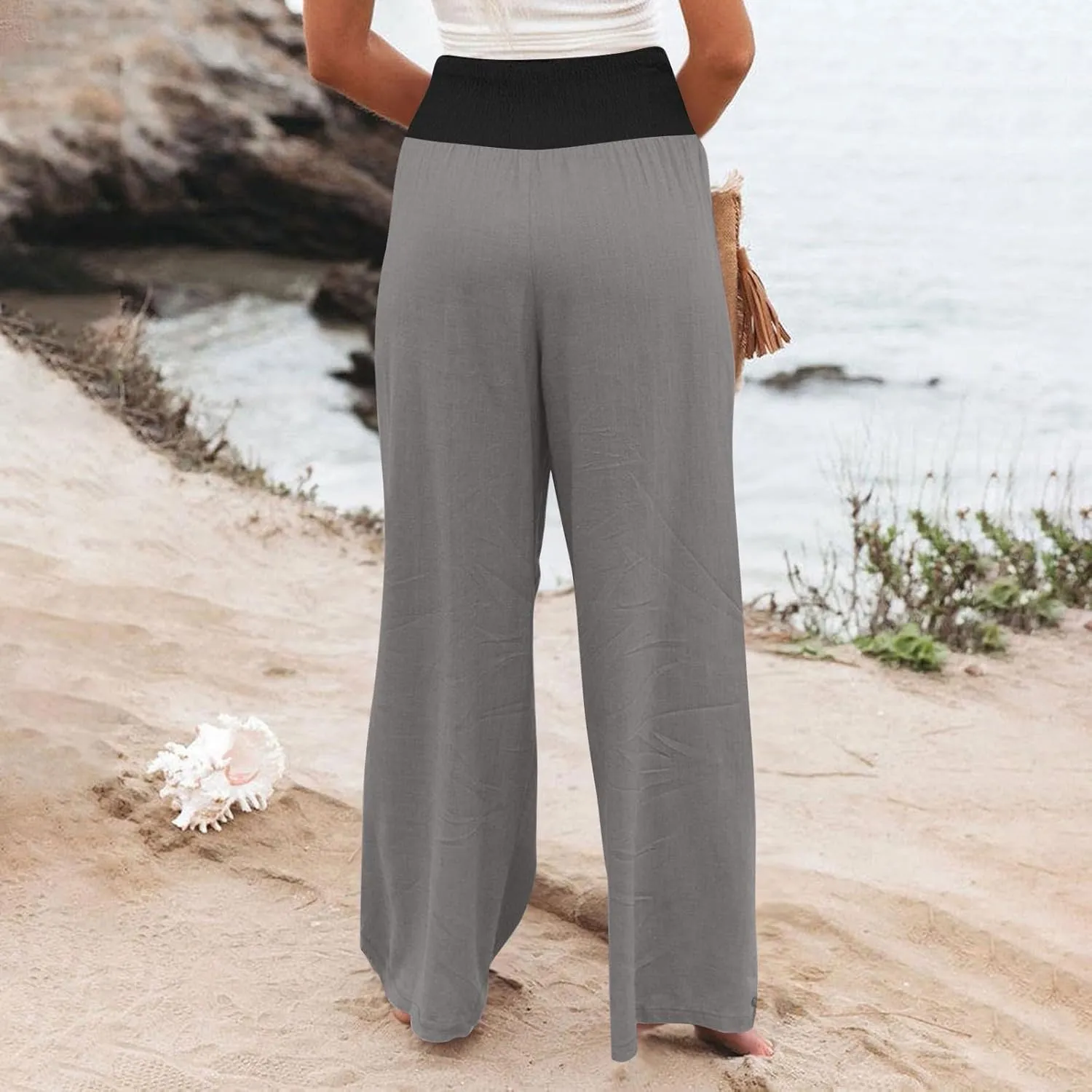 BZGTZT Women's Cotton Linen Pants Summer Wide Leg Pants Casual Loose Elastic High Waist Palazzo Pants Trousers with Pockets