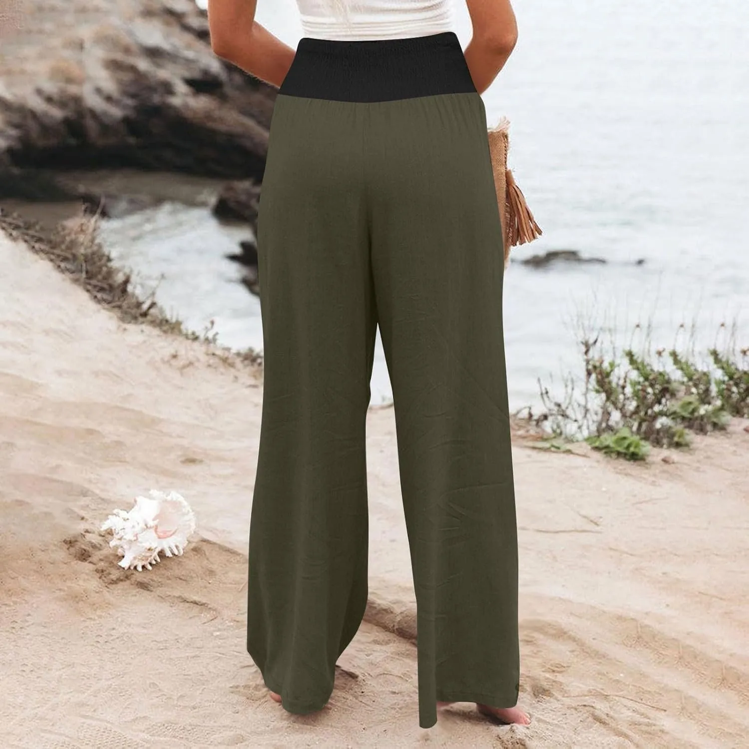 BZGTZT Women's Cotton Linen Pants Summer Wide Leg Pants Casual Loose Elastic High Waist Palazzo Pants Trousers with Pockets