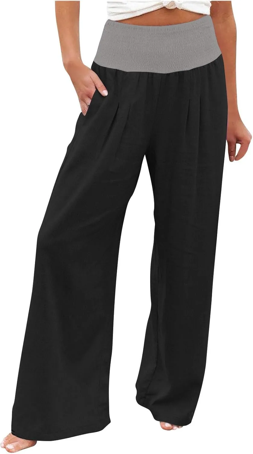 BZGTZT Women's Cotton Linen Pants Summer Wide Leg Pants Casual Loose Elastic High Waist Palazzo Pants Trousers with Pockets