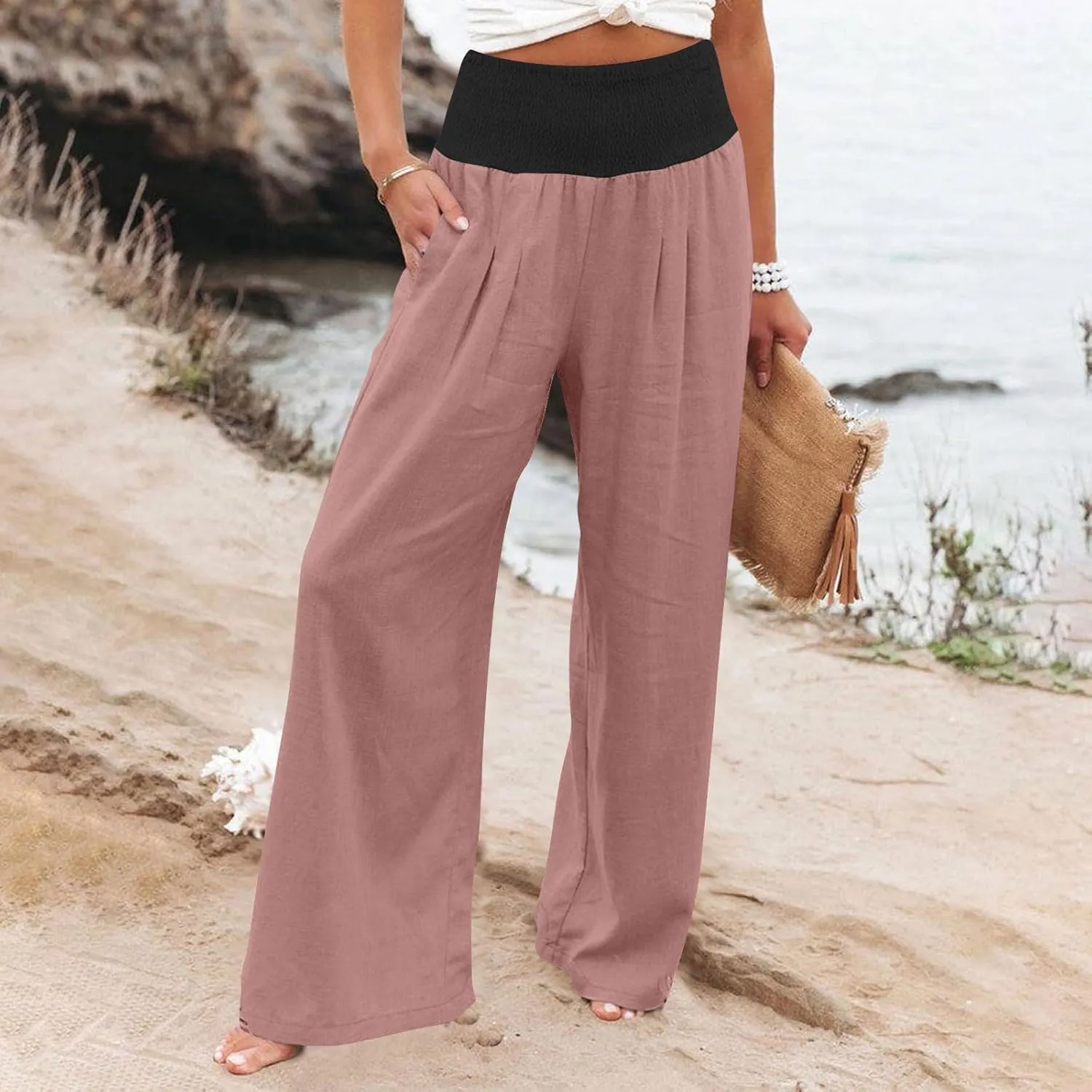 BZGTZT Women's Cotton Linen Pants Summer Wide Leg Pants Casual Loose Elastic High Waist Palazzo Pants Trousers with Pockets