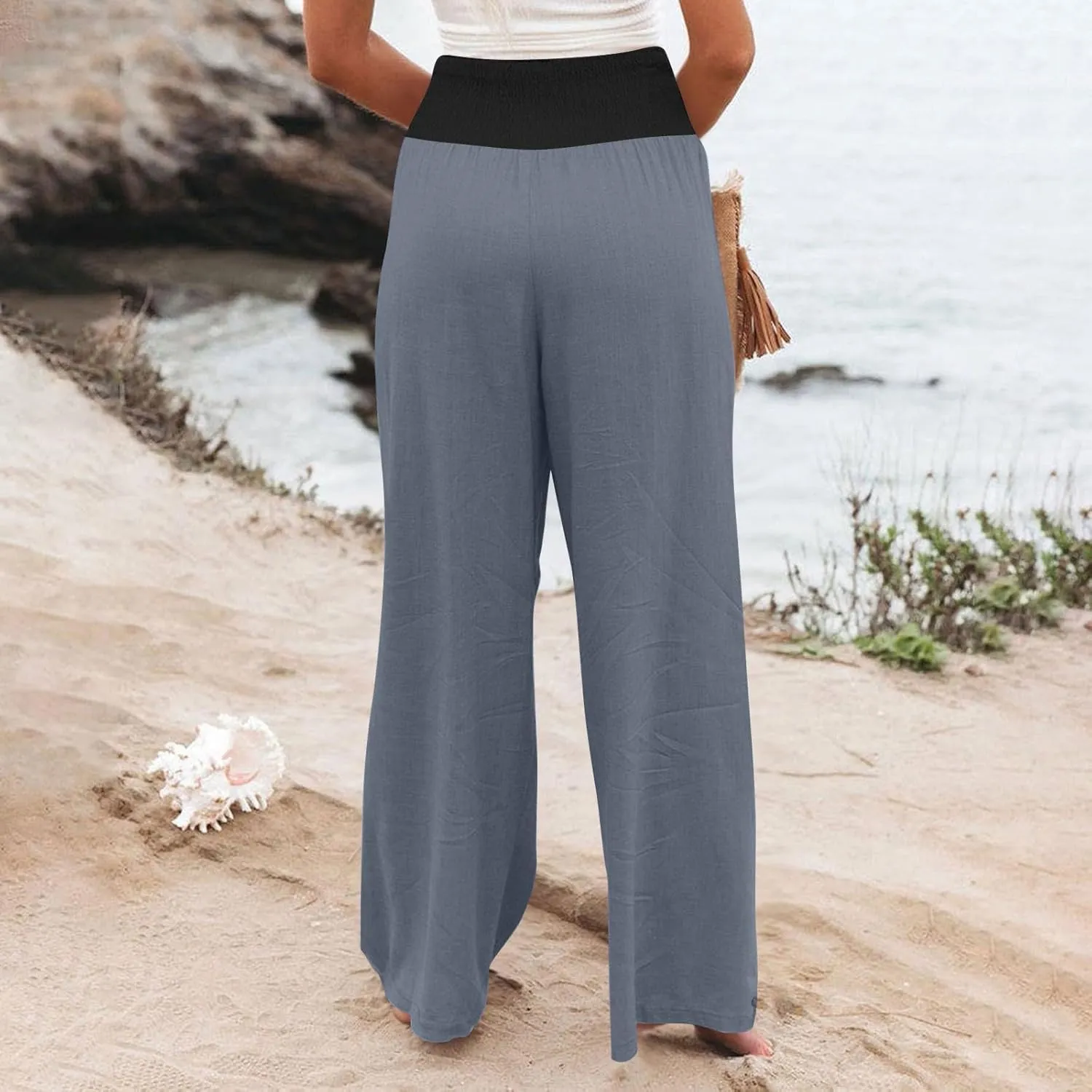 BZGTZT Women's Cotton Linen Pants Summer Wide Leg Pants Casual Loose Elastic High Waist Palazzo Pants Trousers with Pockets