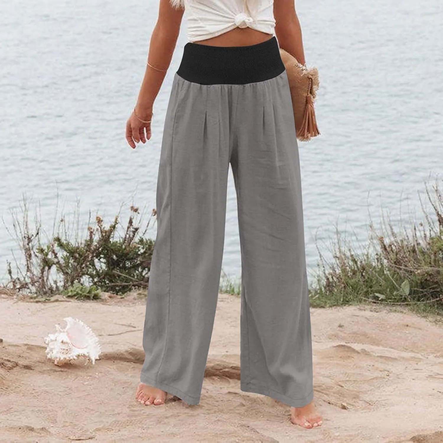 BZGTZT Women's Cotton Linen Pants Summer Wide Leg Pants Casual Loose Elastic High Waist Palazzo Pants Trousers with Pockets