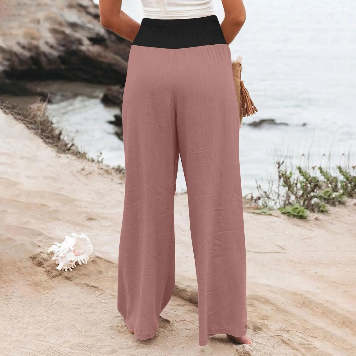 BZGTZT Women's Cotton Linen Pants Summer Wide Leg Pants Casual Loose Elastic High Waist Palazzo Pants Trousers with Pockets