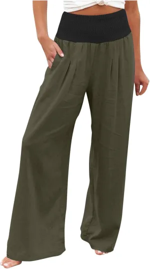 BZGTZT Women's Cotton Linen Pants Summer Wide Leg Pants Casual Loose Elastic High Waist Palazzo Pants Trousers with Pockets