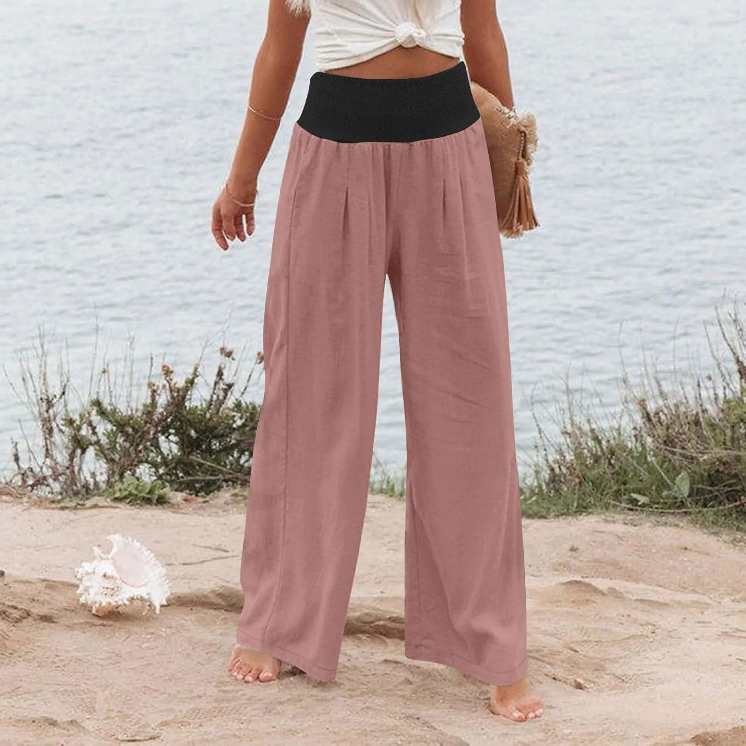 BZGTZT Women's Cotton Linen Pants Summer Wide Leg Pants Casual Loose Elastic High Waist Palazzo Pants Trousers with Pockets