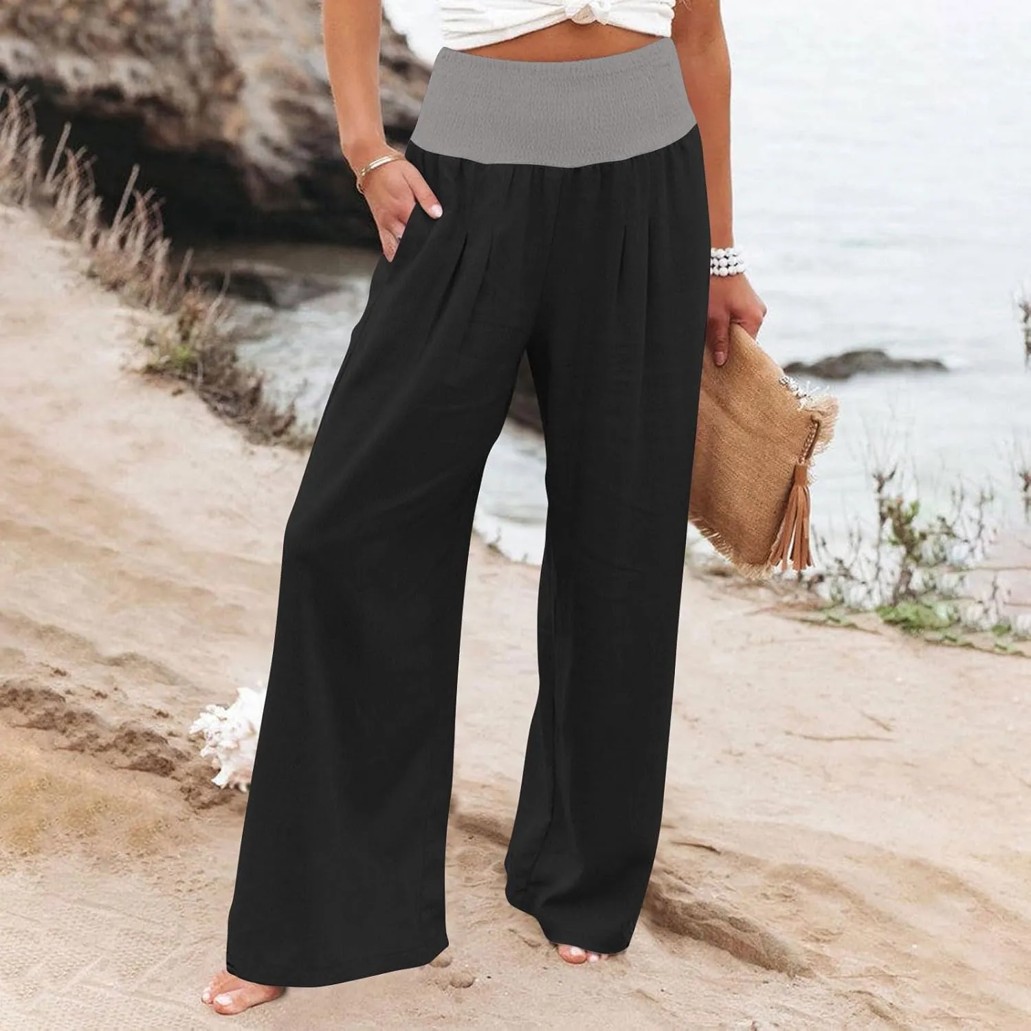 BZGTZT Women's Cotton Linen Pants Summer Wide Leg Pants Casual Loose Elastic High Waist Palazzo Pants Trousers with Pockets