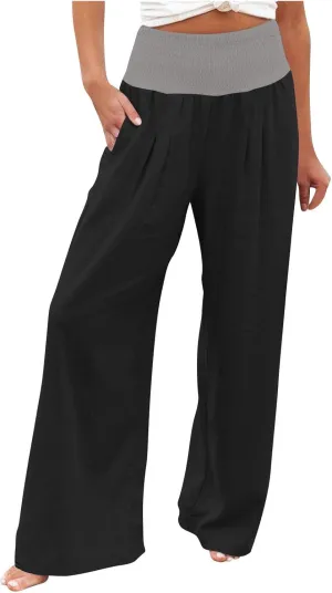 BZGTZT Women's Cotton Linen Pants Summer Wide Leg Pants Casual Loose Elastic High Waist Palazzo Pants Trousers with Pockets