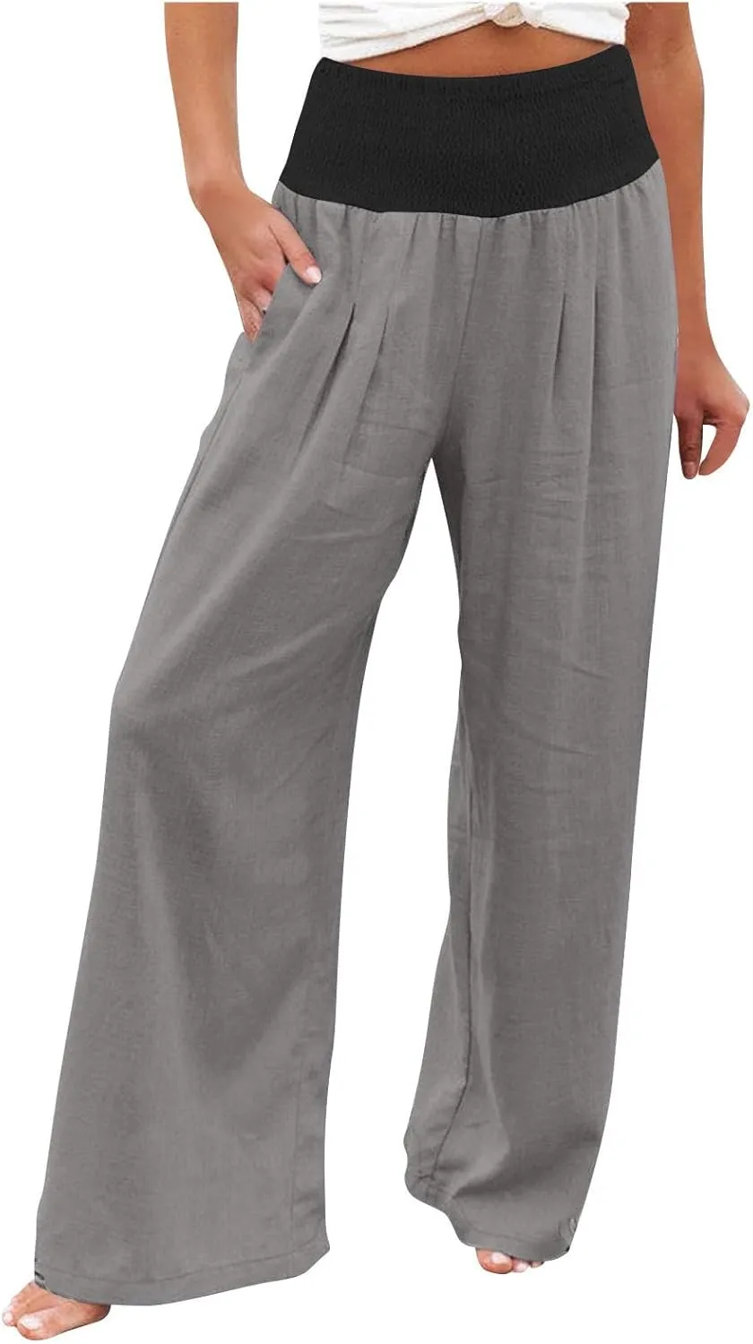 BZGTZT Women's Cotton Linen Pants Summer Wide Leg Pants Casual Loose Elastic High Waist Palazzo Pants Trousers with Pockets