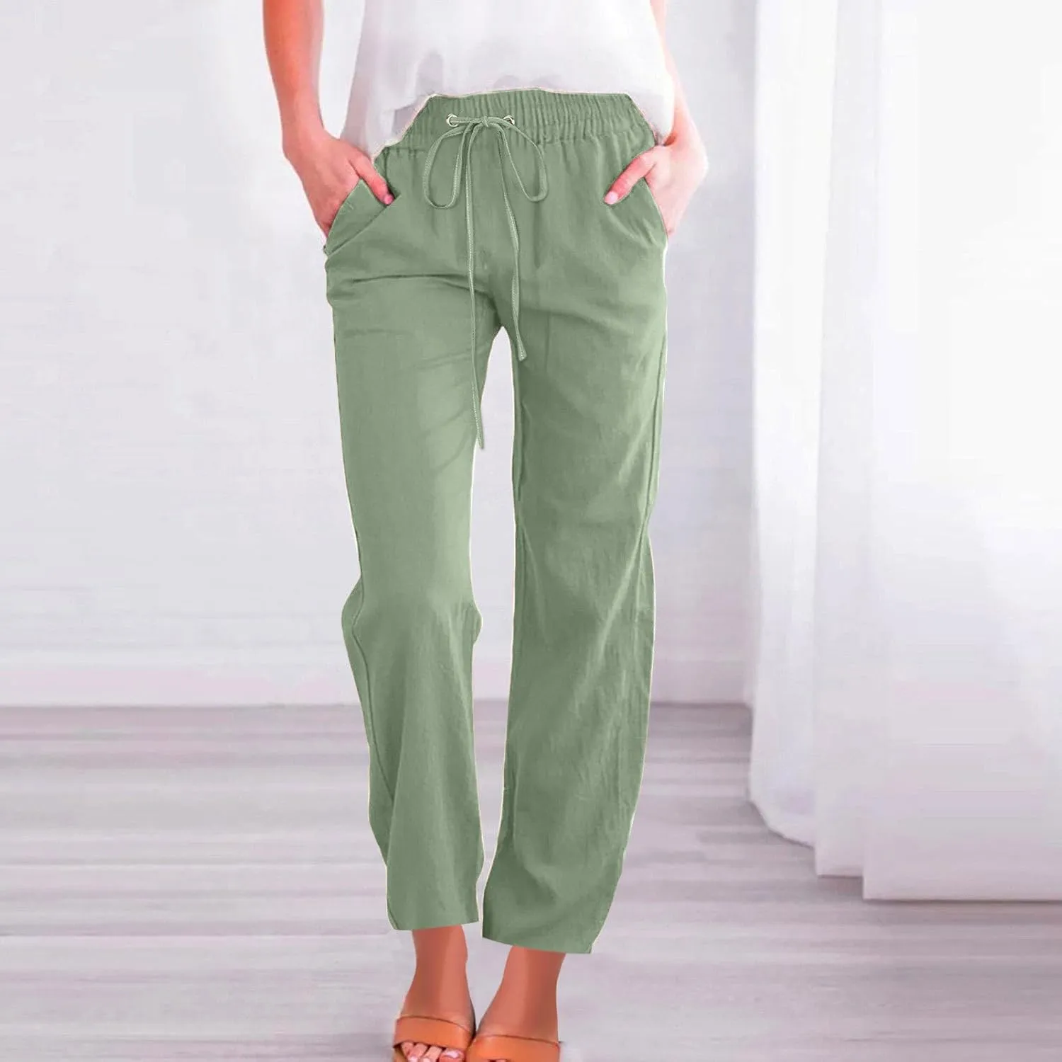 BZGTZT Women's Summer Linen Pants Casual Straight Leg Drawstring Elastic High Waist Loose Palazzo Trousers with Pockets