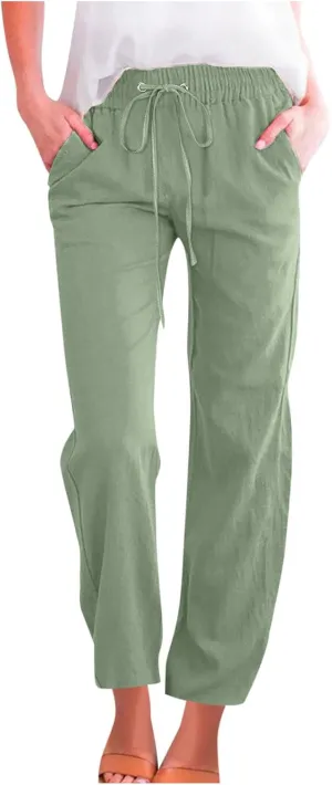 BZGTZT Women's Summer Linen Pants Casual Straight Leg Drawstring Elastic High Waist Loose Palazzo Trousers with Pockets