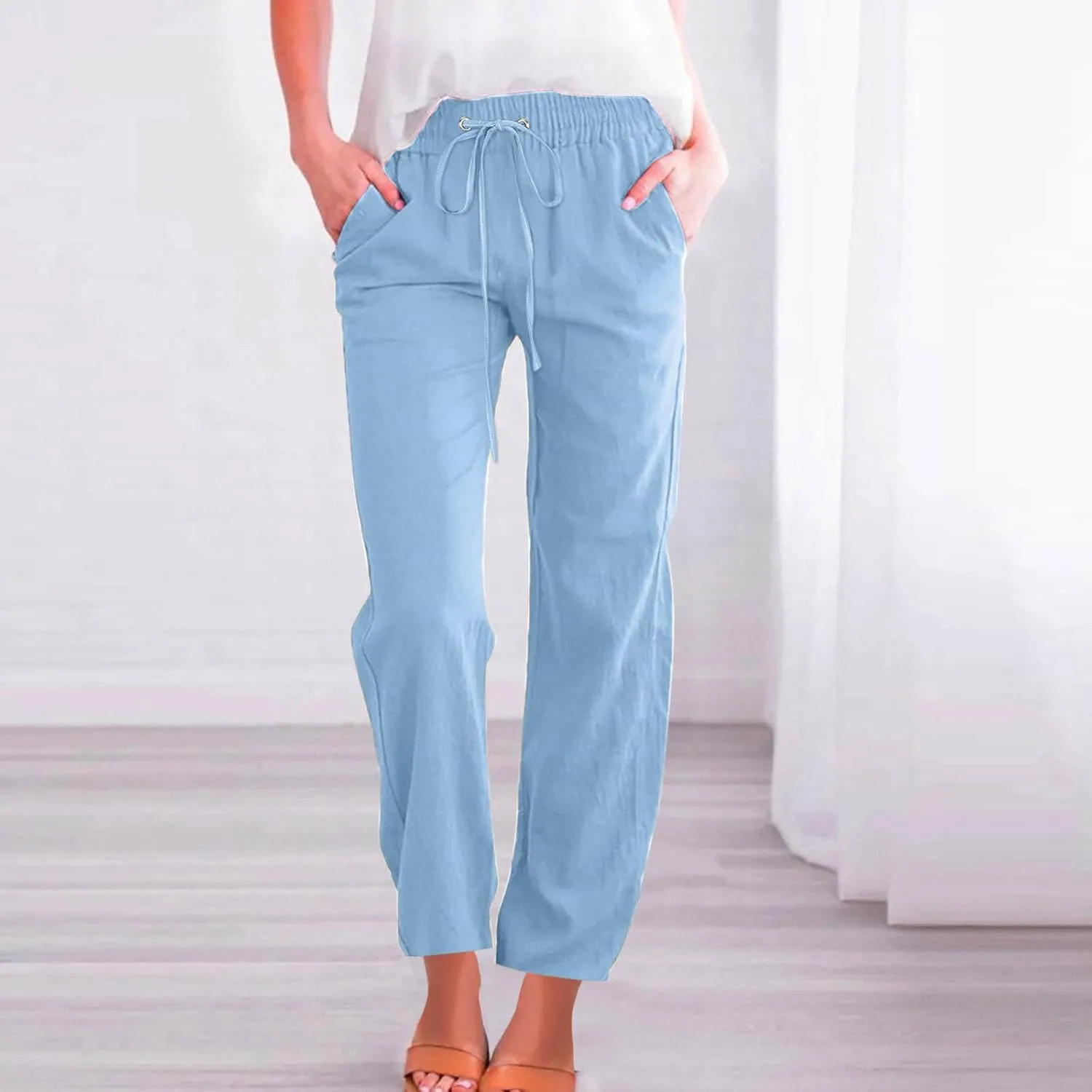 BZGTZT Women's Summer Linen Pants Casual Straight Leg Drawstring Elastic High Waist Loose Palazzo Trousers with Pockets