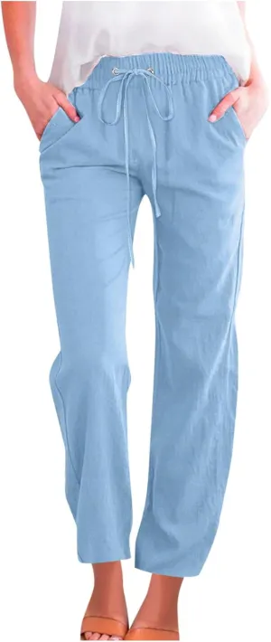 BZGTZT Women's Summer Linen Pants Casual Straight Leg Drawstring Elastic High Waist Loose Palazzo Trousers with Pockets