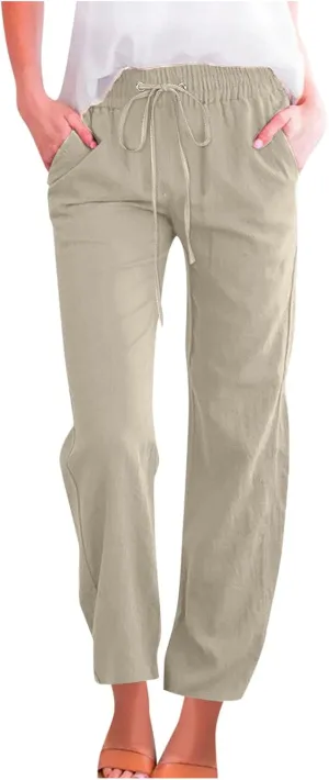 BZGTZT Women's Summer Linen Pants Casual Straight Leg Drawstring Elastic High Waist Loose Palazzo Trousers with Pockets