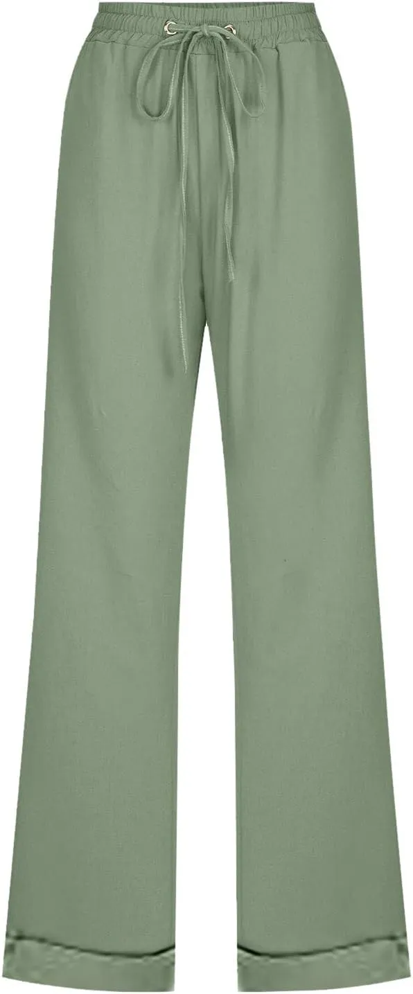 BZGTZT Women's Summer Linen Pants Casual Straight Leg Drawstring Elastic High Waist Loose Palazzo Trousers with Pockets