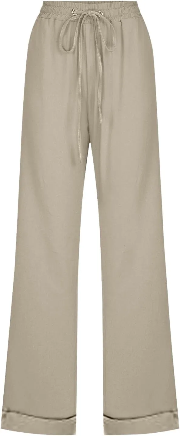 BZGTZT Women's Summer Linen Pants Casual Straight Leg Drawstring Elastic High Waist Loose Palazzo Trousers with Pockets