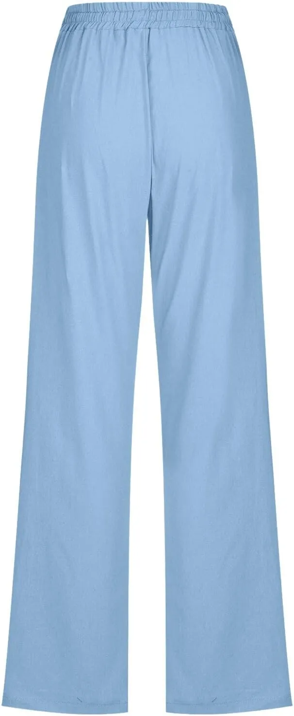 BZGTZT Women's Summer Linen Pants Casual Straight Leg Drawstring Elastic High Waist Loose Palazzo Trousers with Pockets
