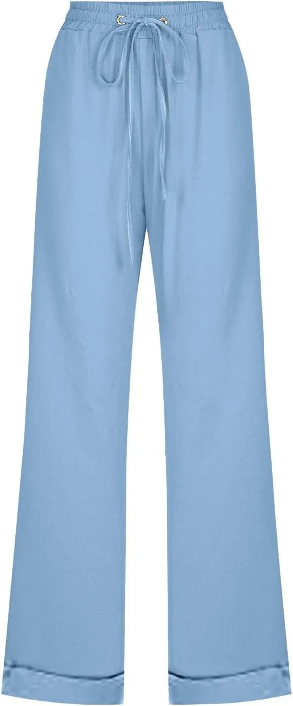 BZGTZT Women's Summer Linen Pants Casual Straight Leg Drawstring Elastic High Waist Loose Palazzo Trousers with Pockets