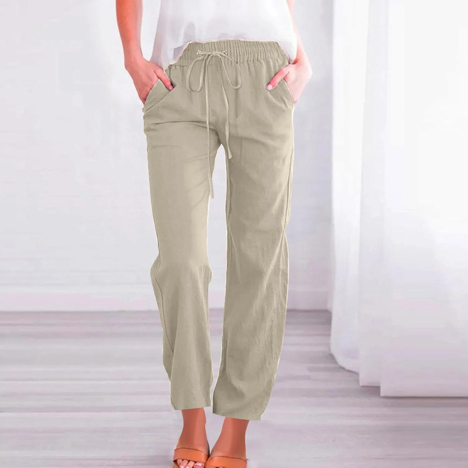 BZGTZT Women's Summer Linen Pants Casual Straight Leg Drawstring Elastic High Waist Loose Palazzo Trousers with Pockets