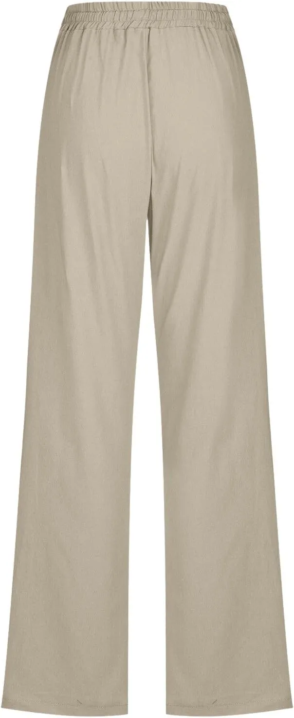 BZGTZT Women's Summer Linen Pants Casual Straight Leg Drawstring Elastic High Waist Loose Palazzo Trousers with Pockets