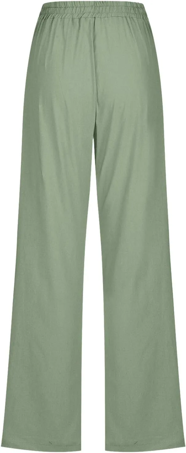 BZGTZT Women's Summer Linen Pants Casual Straight Leg Drawstring Elastic High Waist Loose Palazzo Trousers with Pockets